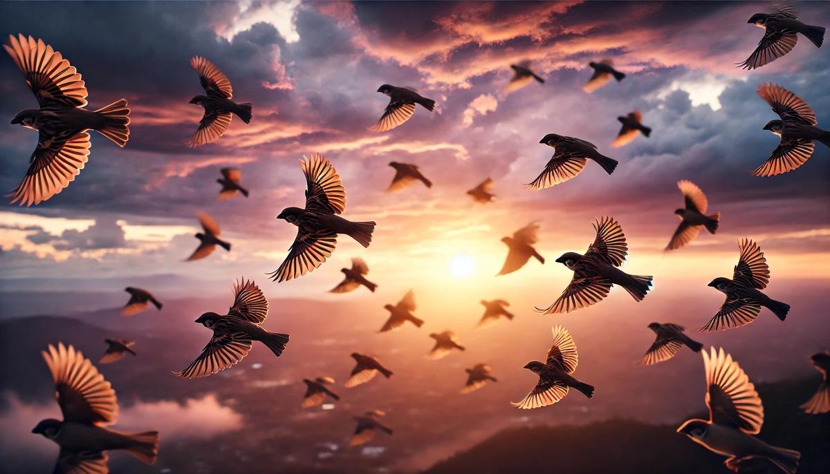 Group of sparrows flying into the sunset