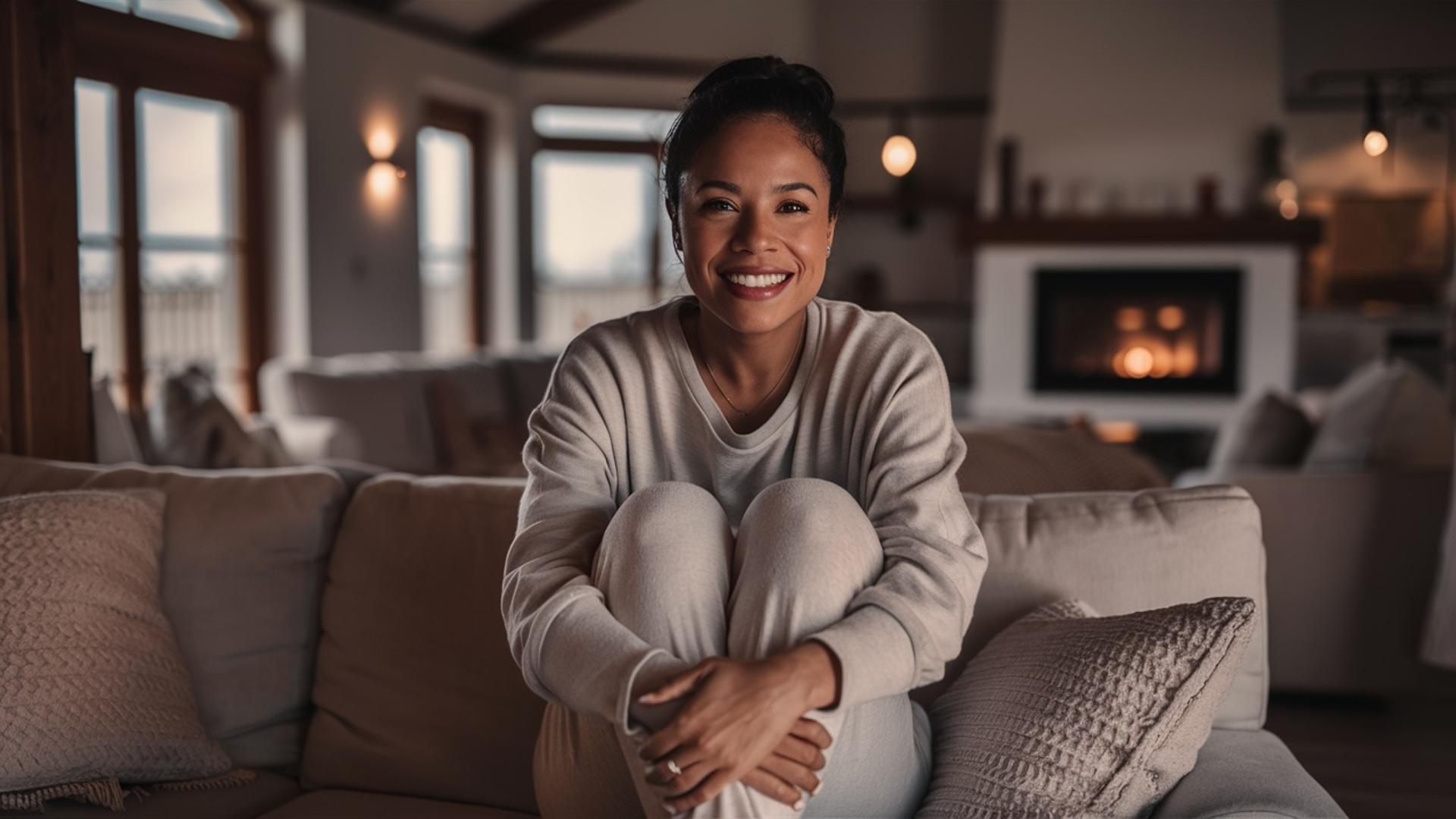 Happy woman sitting on couch